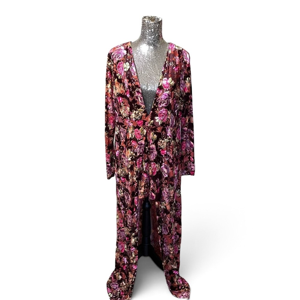 Xtaren Plus 2X Floral Velvet Burnout Maxi Romper Dress Long Sleeve Boho V Neck